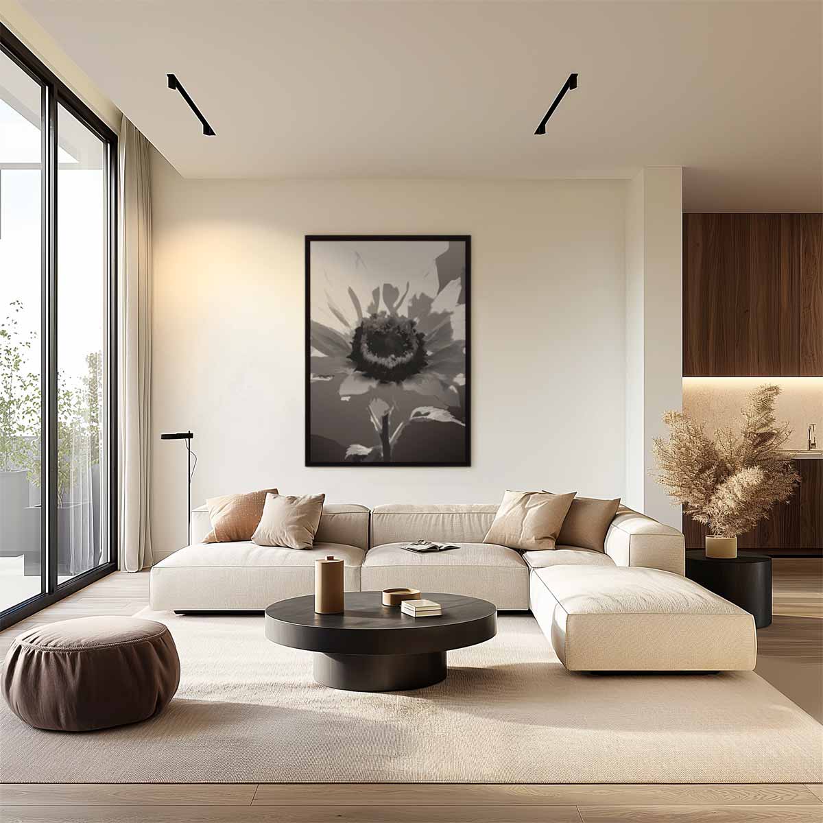 Zwart-Witte Zonnebloem Droom – staand kunstwerk voor modern interieur