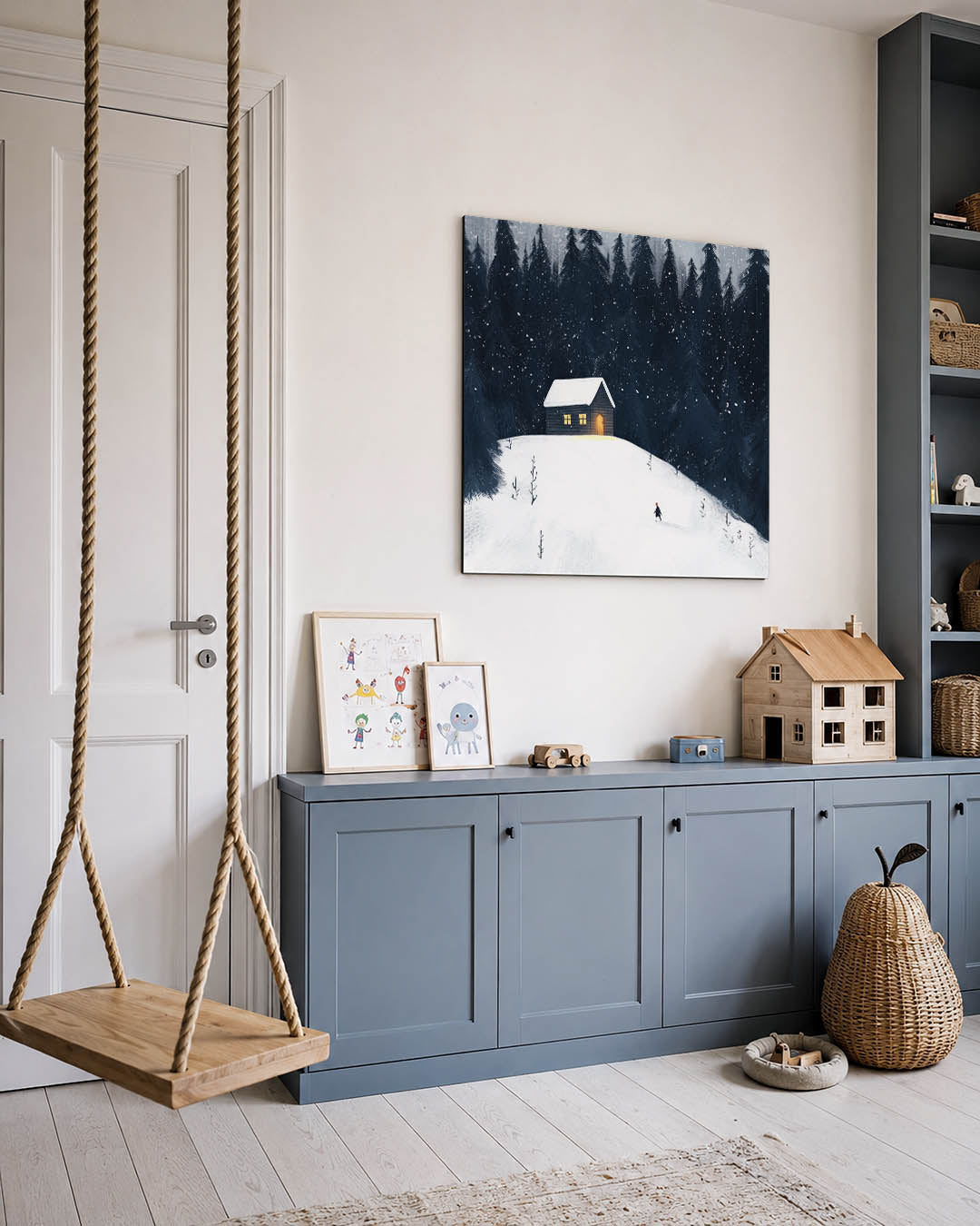 Winterlandschap met huis kunstwerk – vierkante wanddecoratie – een winterlandschap met een eenzaam huisje op een besneeuwde