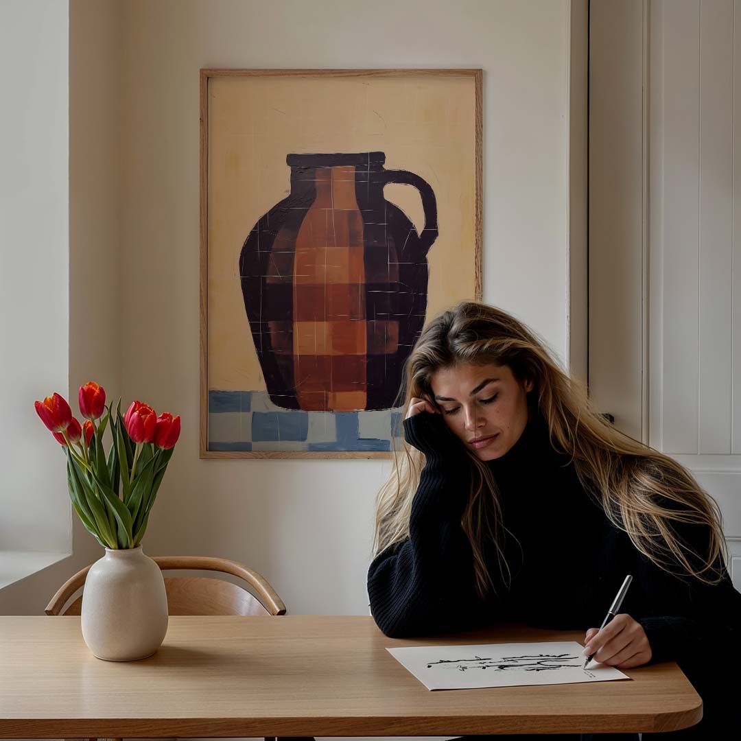 Rustieke Vaas op Checker Blue – staande muurposter met abstracte vormen