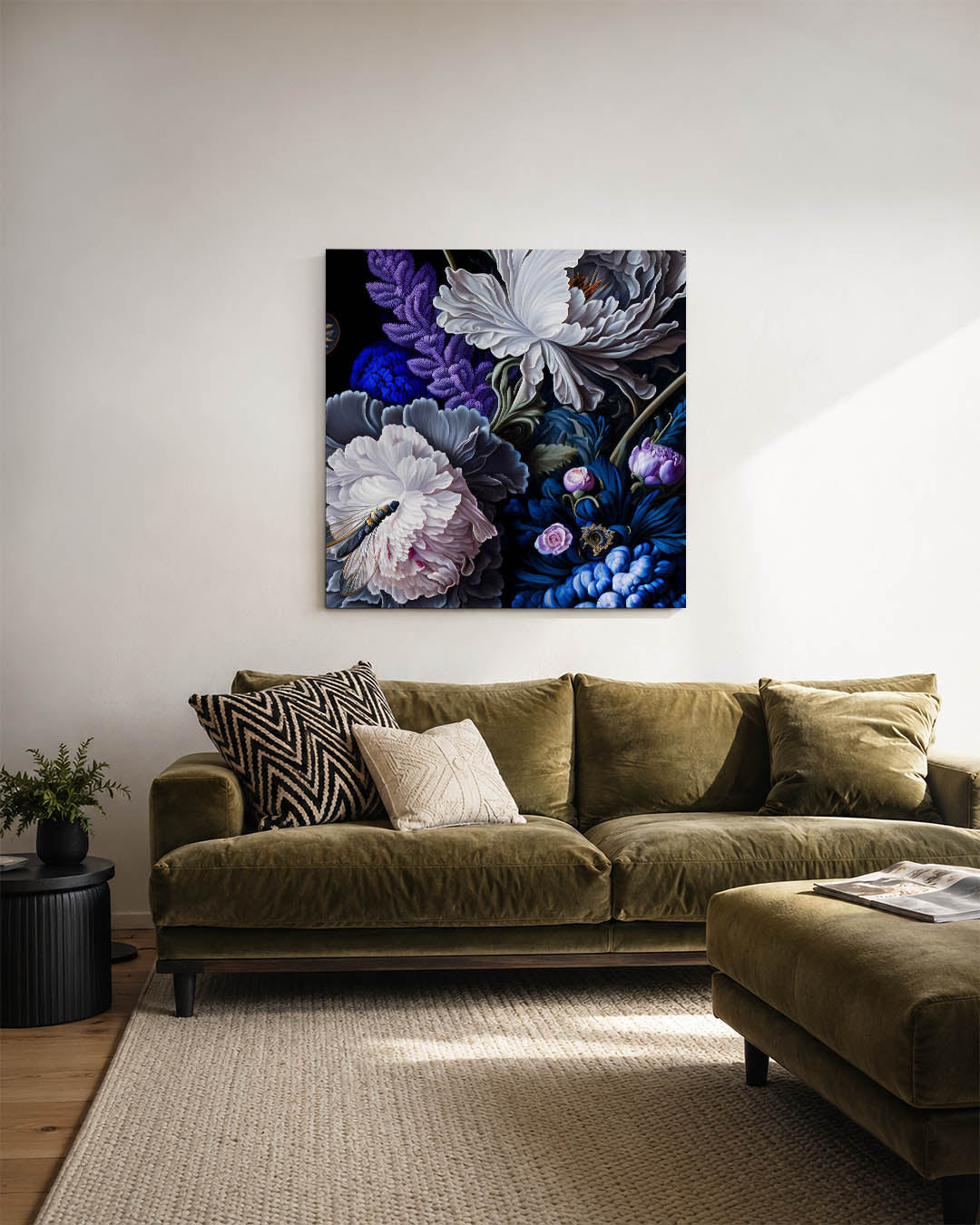 Bloemrijke compositie kunstwerk – sfeerbeeld – dit werk toont een weelderige verzameling bloemen in levendige kleuren, met