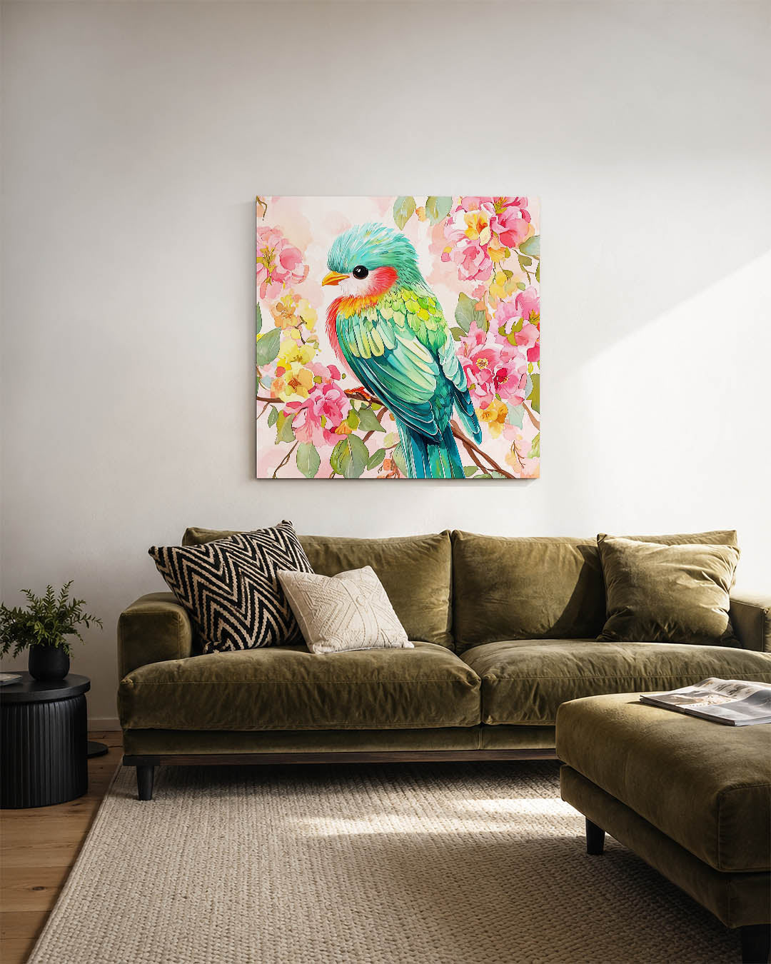 Vrolijke vogel en bloemen kunstwerk – sfeerbeeld – dit werk toont een kleurrijke vogel omringd door levendige bloemen. De