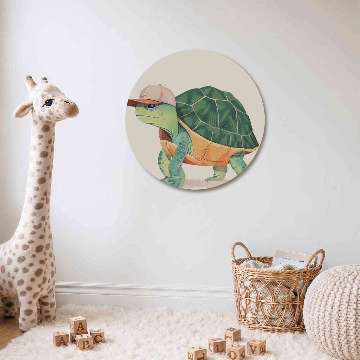 Schildpad met pet Muurcirkel – Een schildpad met een groene schild en een beige pet.