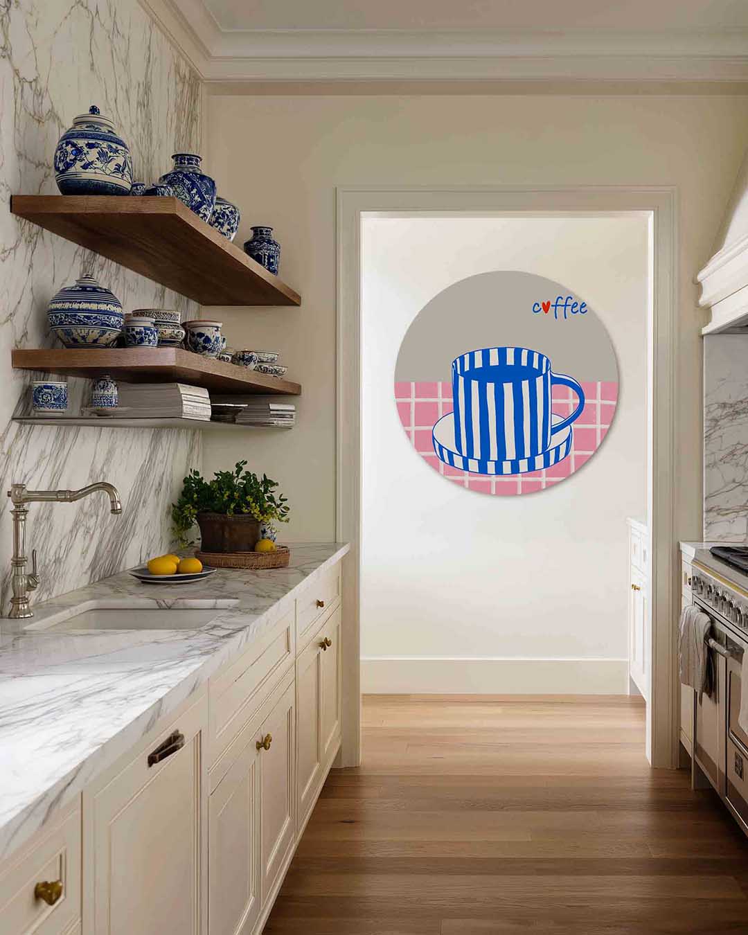 Gestreepte koffiekop – kleurrijke Pop Art muurcirkel voor aan de muur