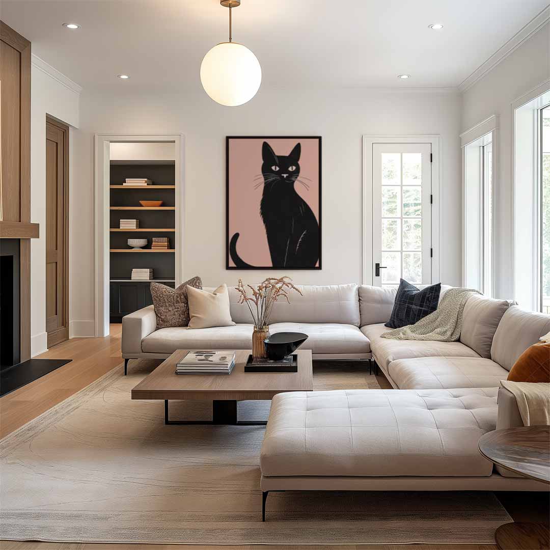 Stijlvolle Zwarte Kat Illustratie – dibond wanddecoratie in staand formaat