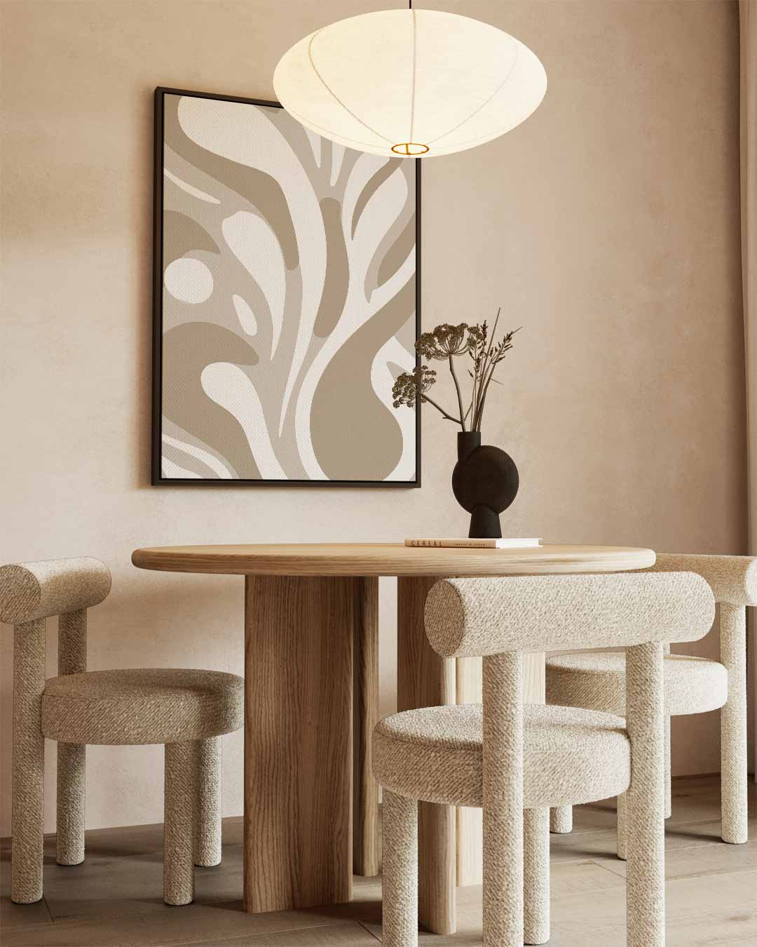 Natuurvloed in Beige – kunstwerk met zwarte baklijst