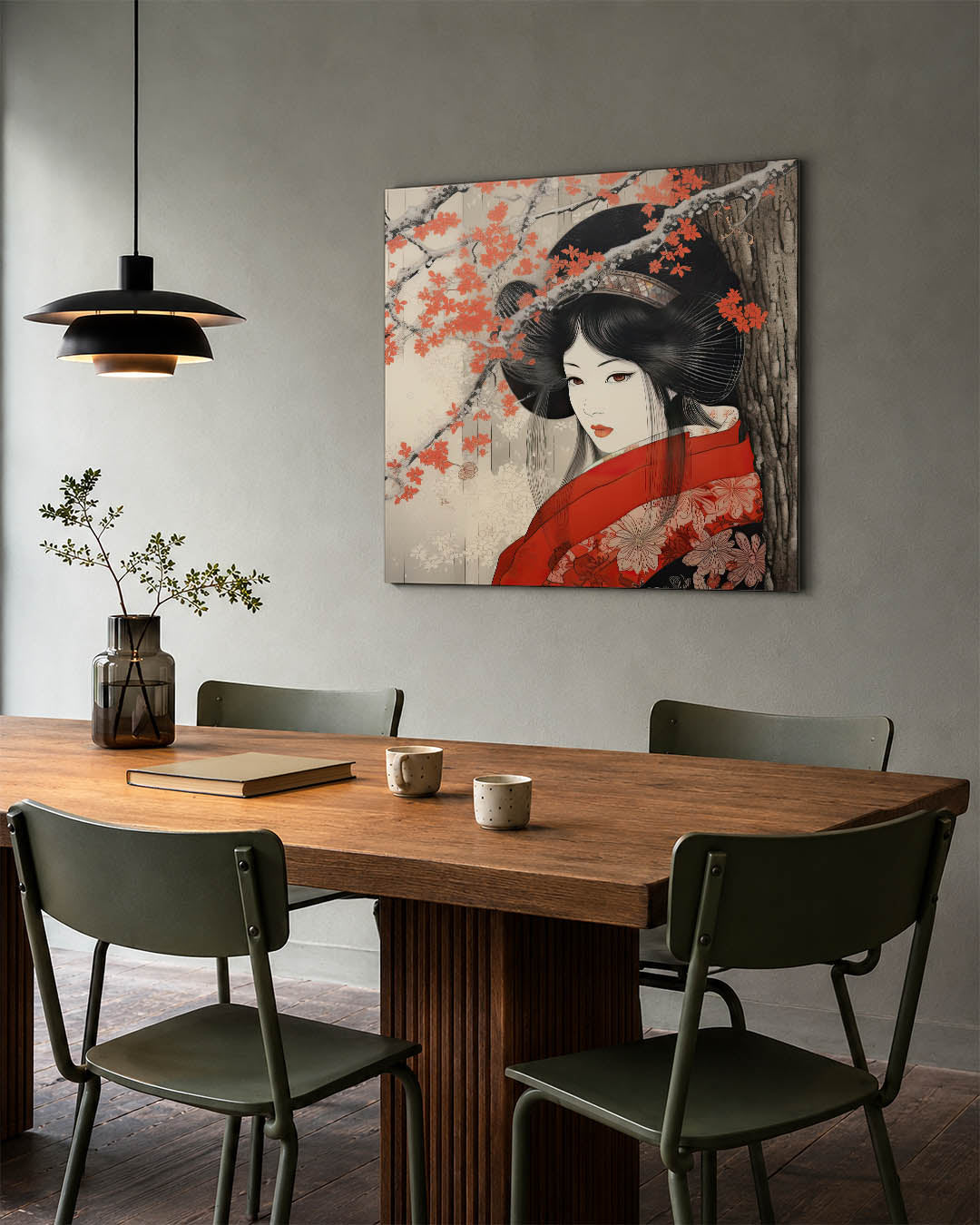 Elegante vrouw en bloesem kunstwerk – tweede productweergave – dit kunstwerk toont een vrouw in traditionele kleding, omringd