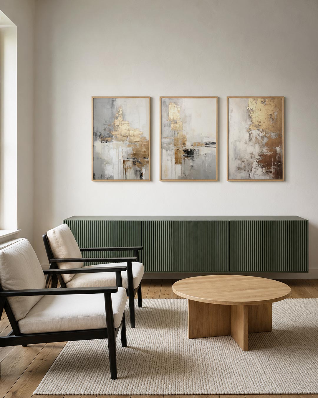 Gouden vloei posterset – derde productweergave – deze compositie toont vloeiende goudtinten die zich