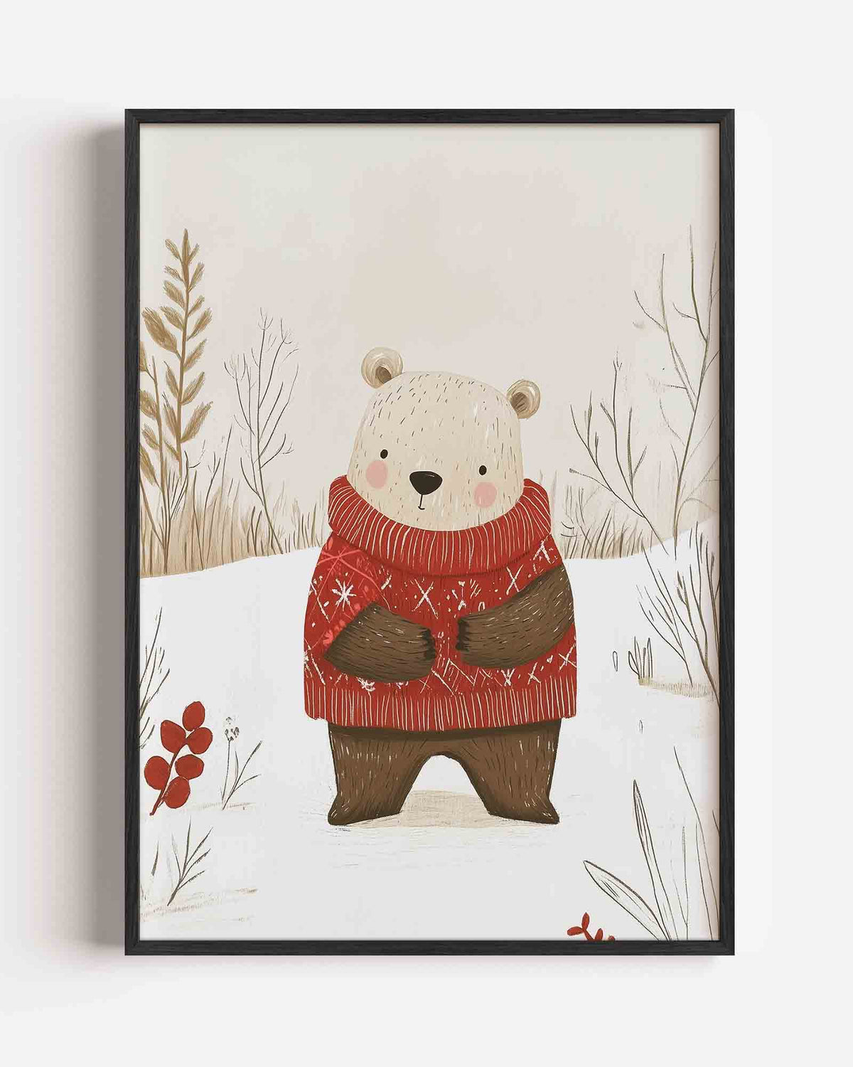 Beer met rode trui – kids portret poster als wanddecoratie