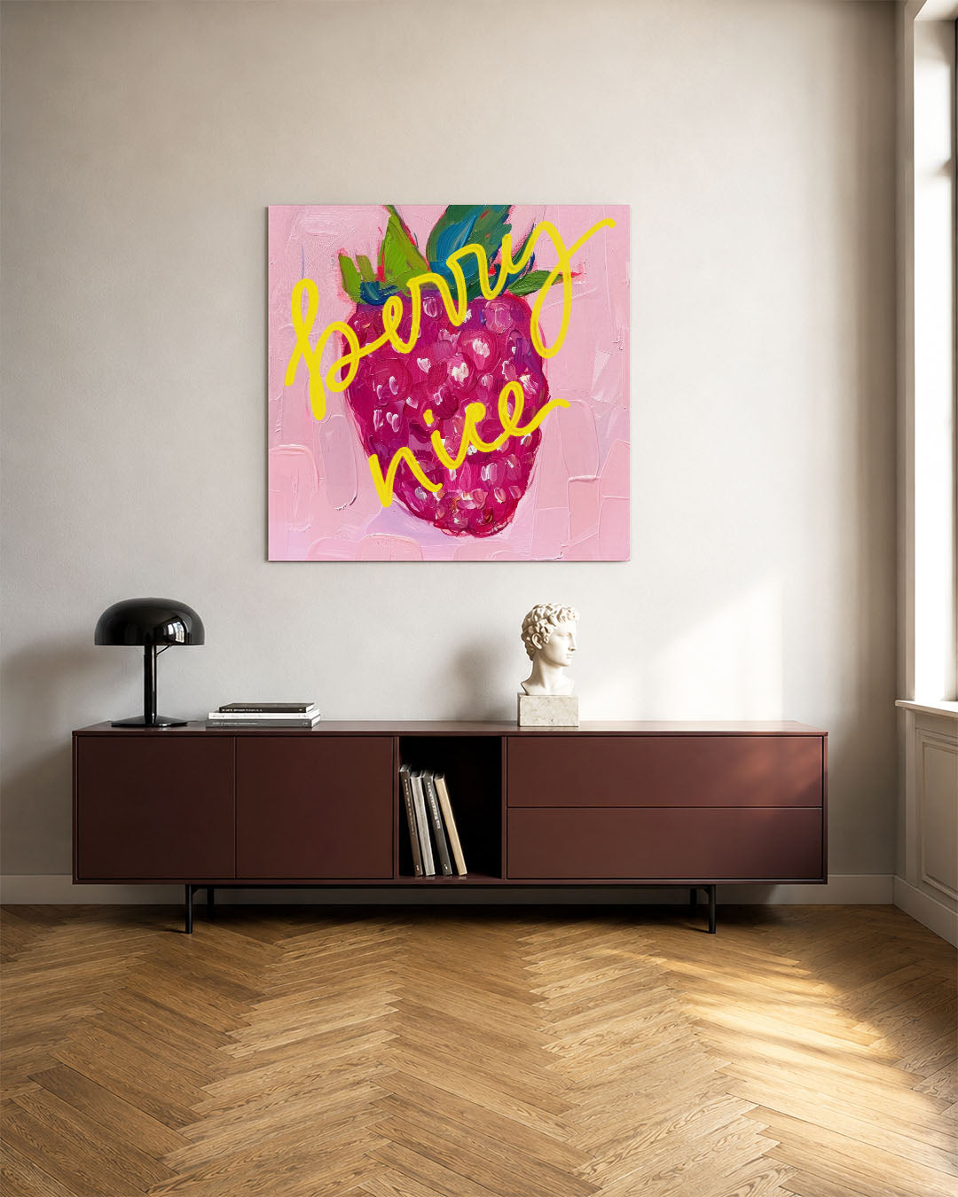 Vrolijke vruchten kunstwerk – tweede productweergave – dit kunstwerk toont een kleurrijke vrucht met speelse gele letters op