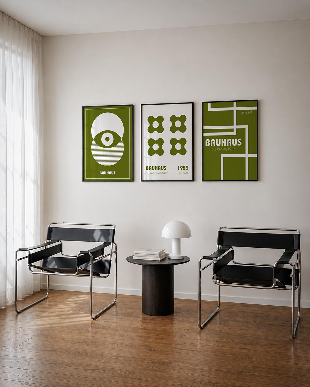Cirkel en lijnen driedelige posterset – deze posterset in drie delen toont een spel van cirkels en lijnen. De olijfgroene