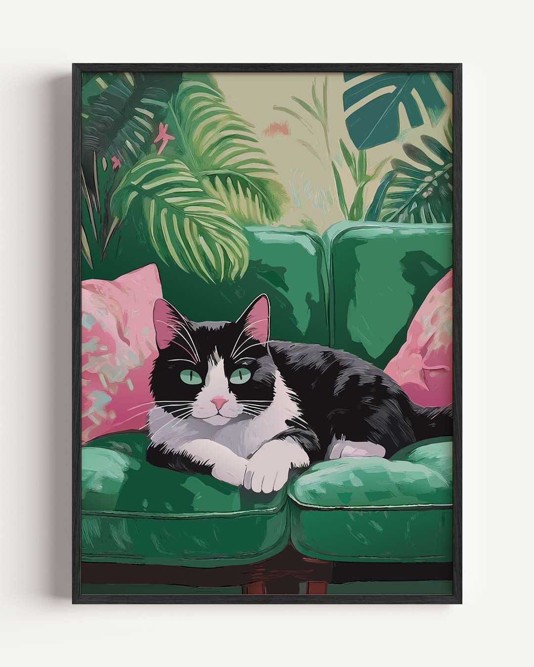 Tropische Kat Op Een Groene Bank – dieren portret poster als wanddecoratie