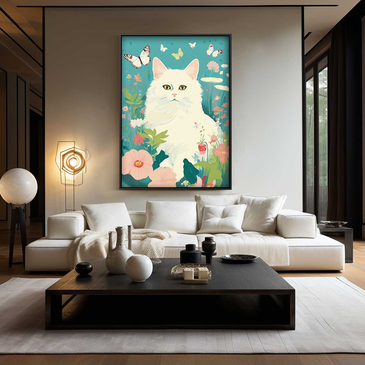 Opera d'arte: Gatto sognante in un giardino fiorito
