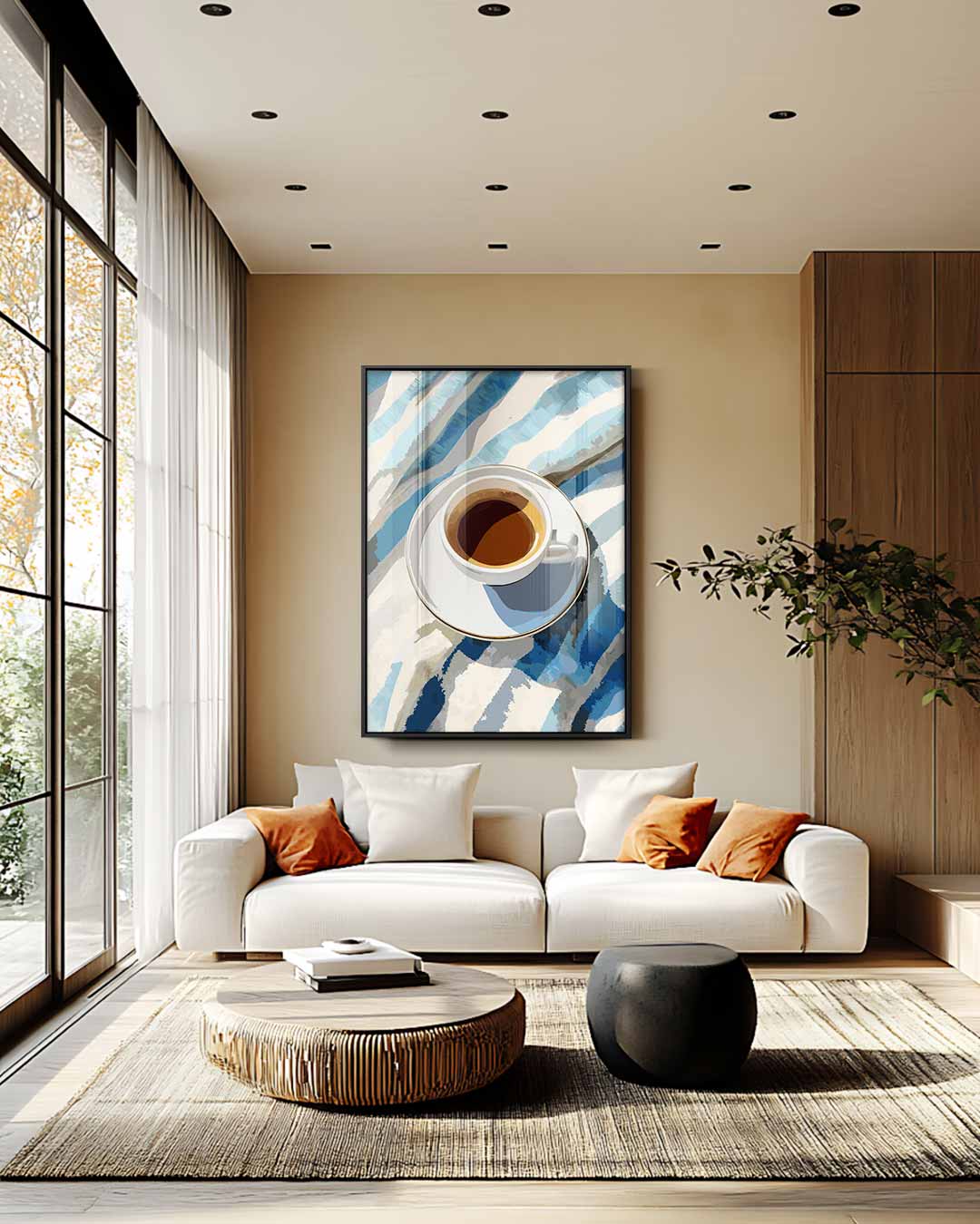 Koffiemoment in Blauwe Strepen – plexiglas wanddecoratie in portret formaat