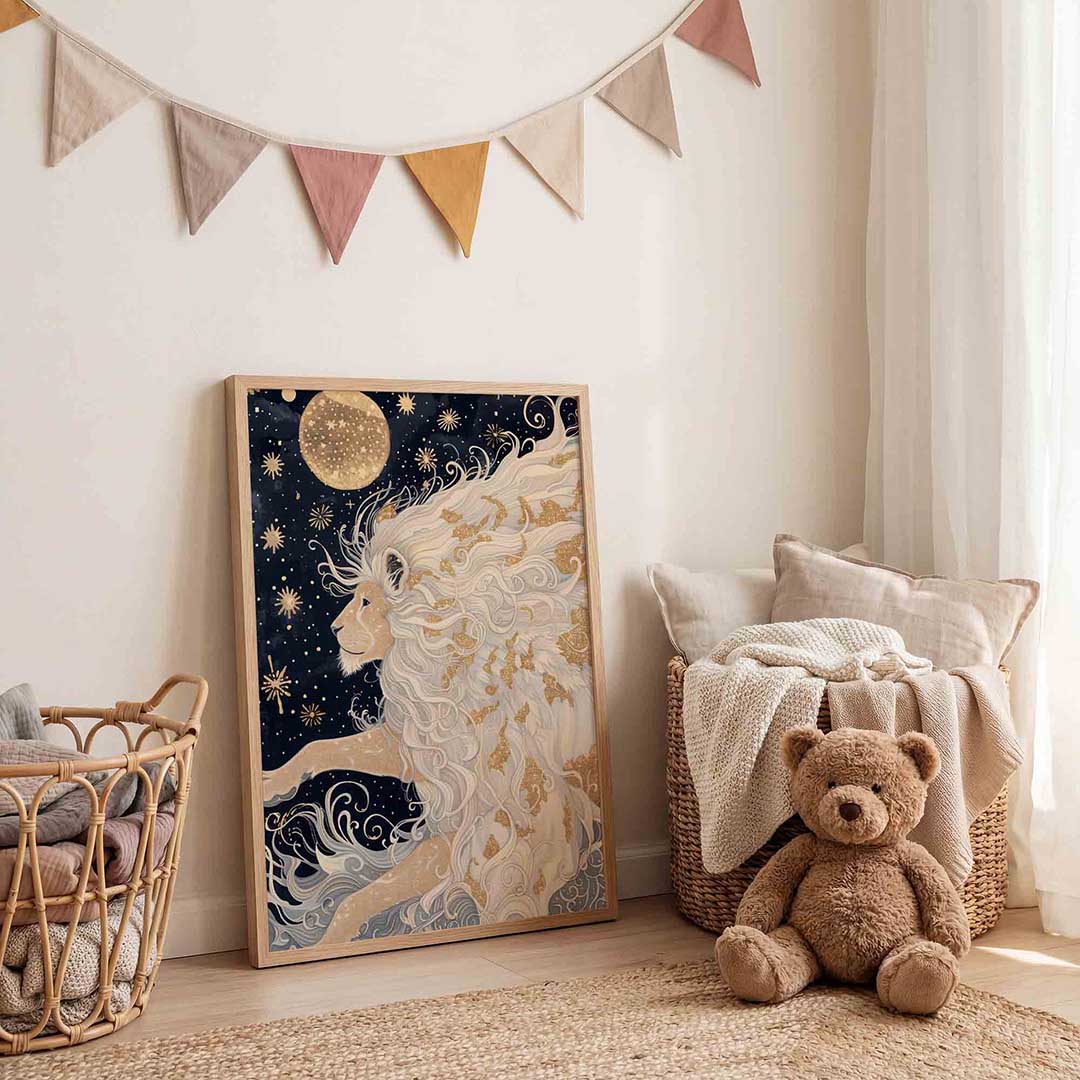Leeuw met sterren – speelse wandkunst als portret kinderposter