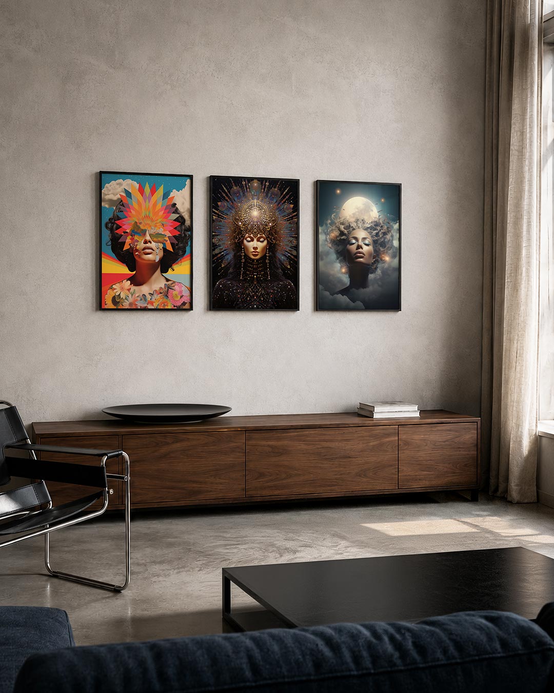 Kleurrijke vormenexplosie posterset – tweede productweergave – deze posterset in drie delen toont een levendige mix van