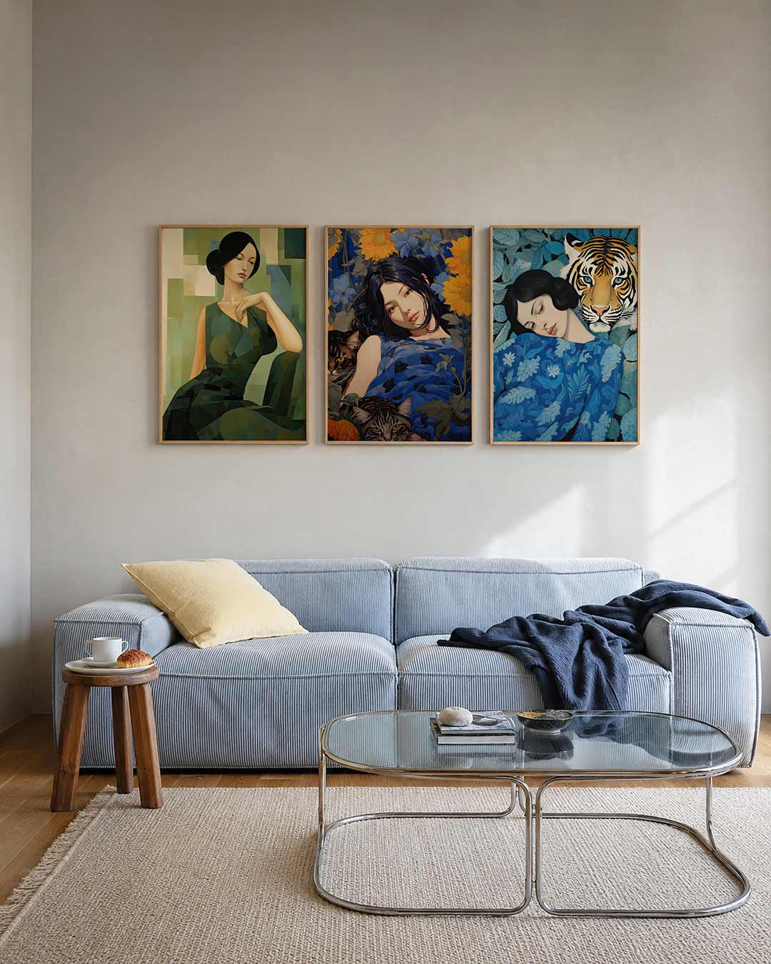 Vorm en balans posterset – tweede productweergave – deze posterset in drie delen toont een vrouw in een groene