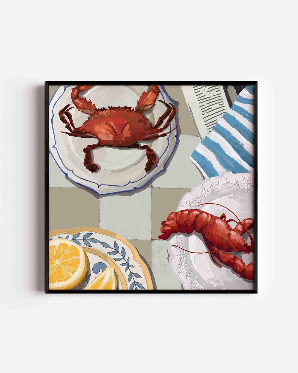 Krab en kreeft op borden – keuken vierkante poster als wanddecoratie