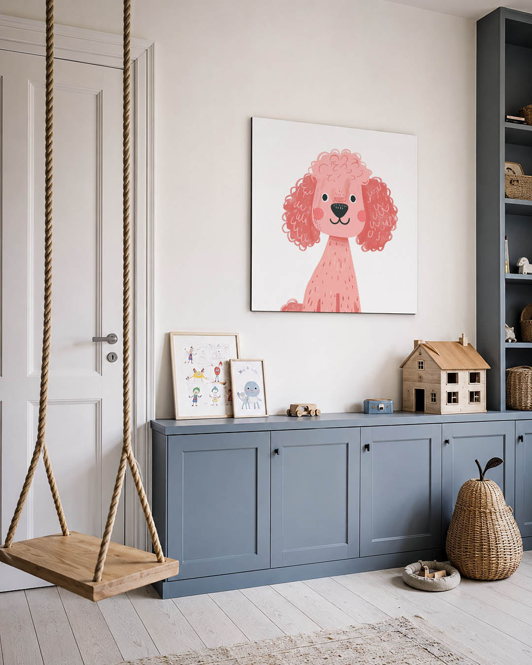 Vrolijke hond illustratie kunstwerk – vierkante wanddecoratie – dit kunstwerk toont een speelse hond met krullend haar en een