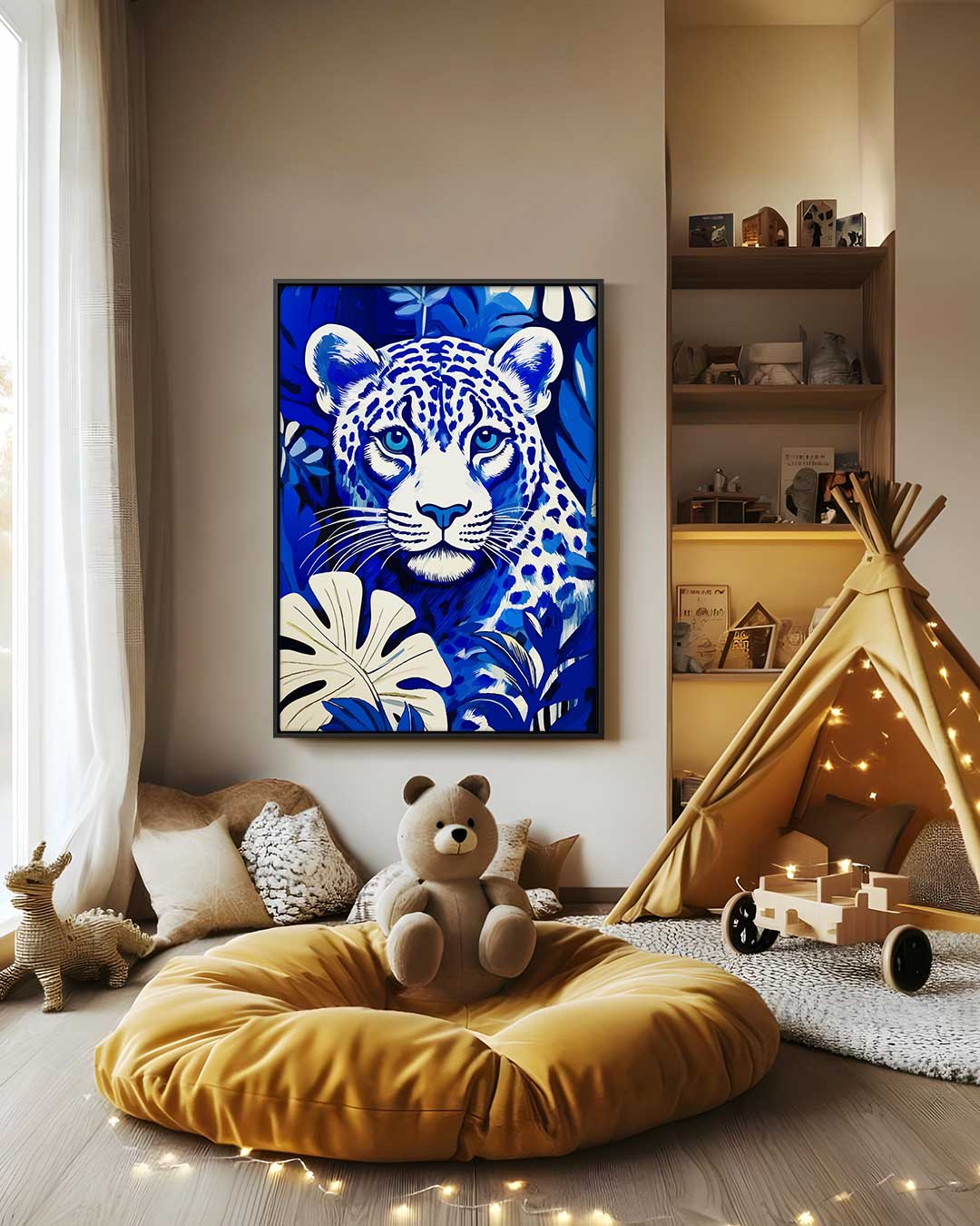Blauwe Jungleluipaard Kunstwerk – canvas wanddecoratie in portret formaat