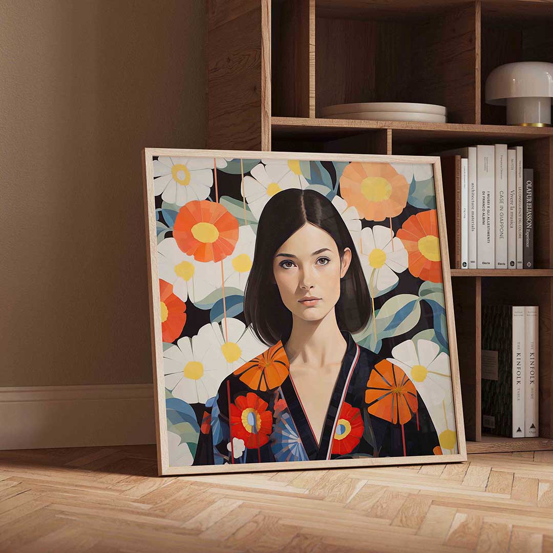 Vrouw met bloemen – moderne wandkunst als vierkante poster