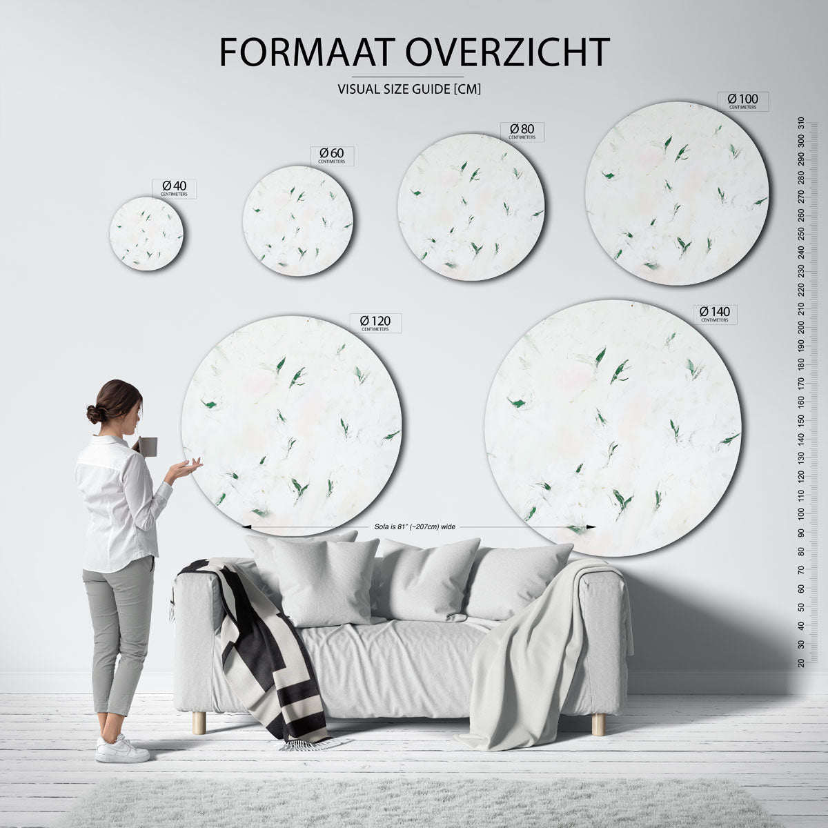Groene accenten – geïllustreerde wandkunst als moderne muurcirkel