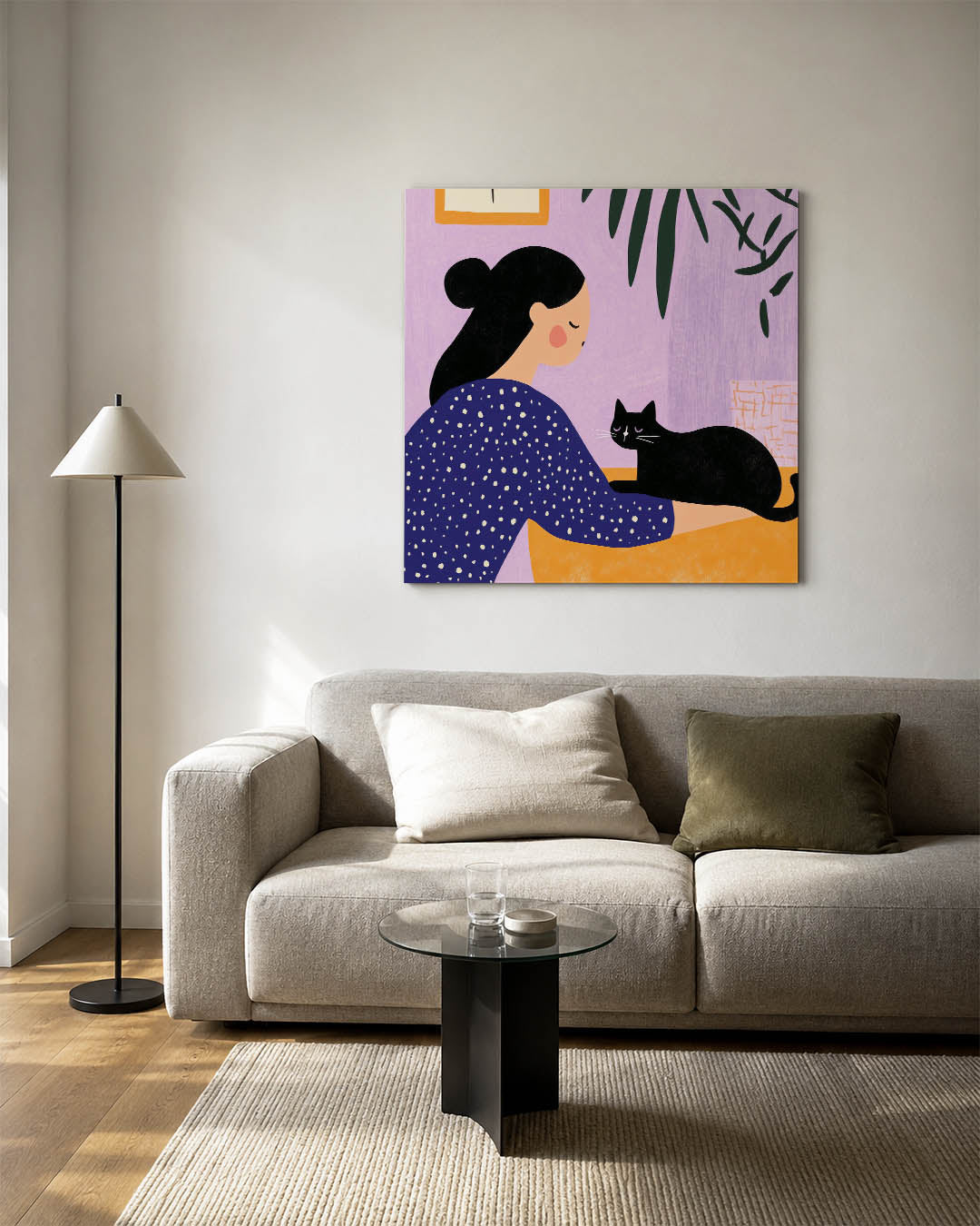 Vrouw met kat kunstwerk – detailweergave – dit kunstwerk toont een vrouw met een zwarte kat. De achtergrond is paars met