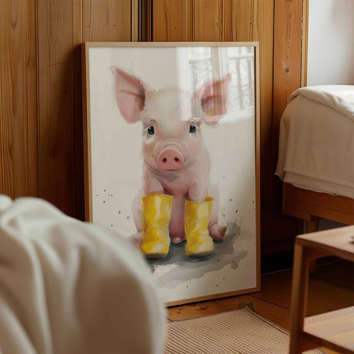 Schattig Varkentje in Gele Regenlaarsjes – staande muurposter voor de kinderkamer