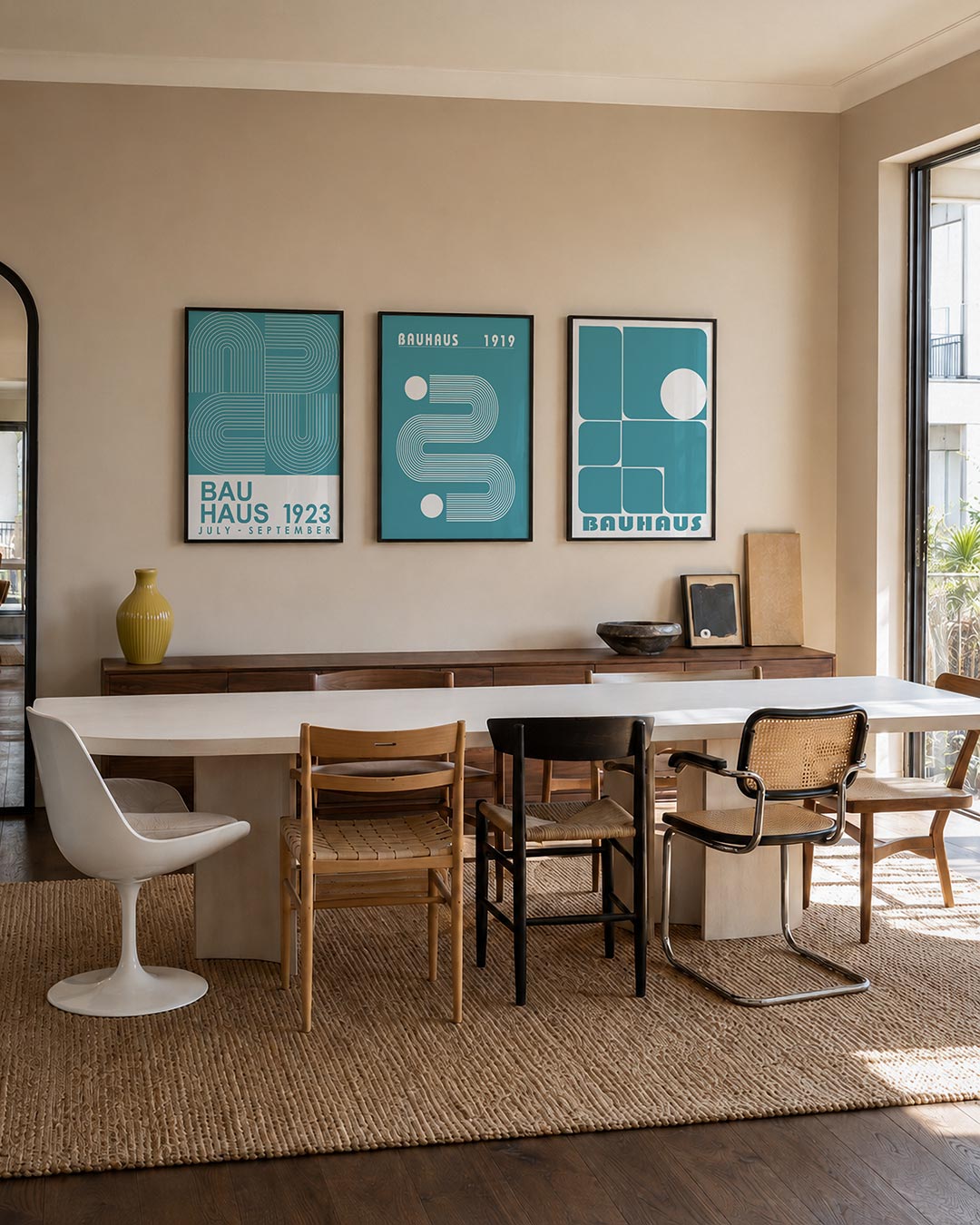 Lijnen en kleurvlakken driedelige posterset – deze posterset in drie delen toont een spel van gebogen en rechte lijnen op een