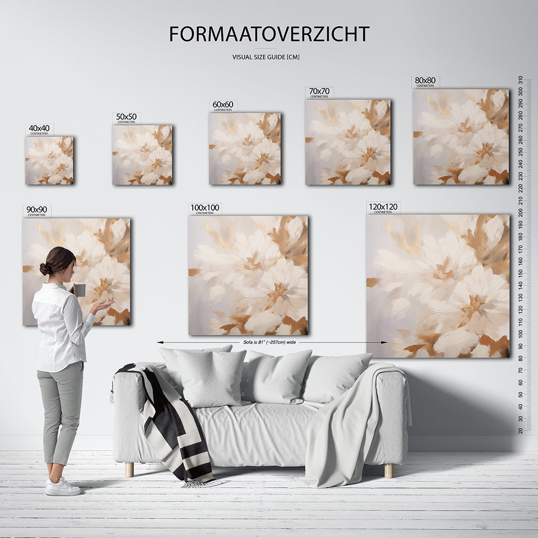 Dromerige bloemen kunstwerk – dit kunstwerk toont zachte bloemvormen in een harmonie van beige en bruin tinten, met vloeiende