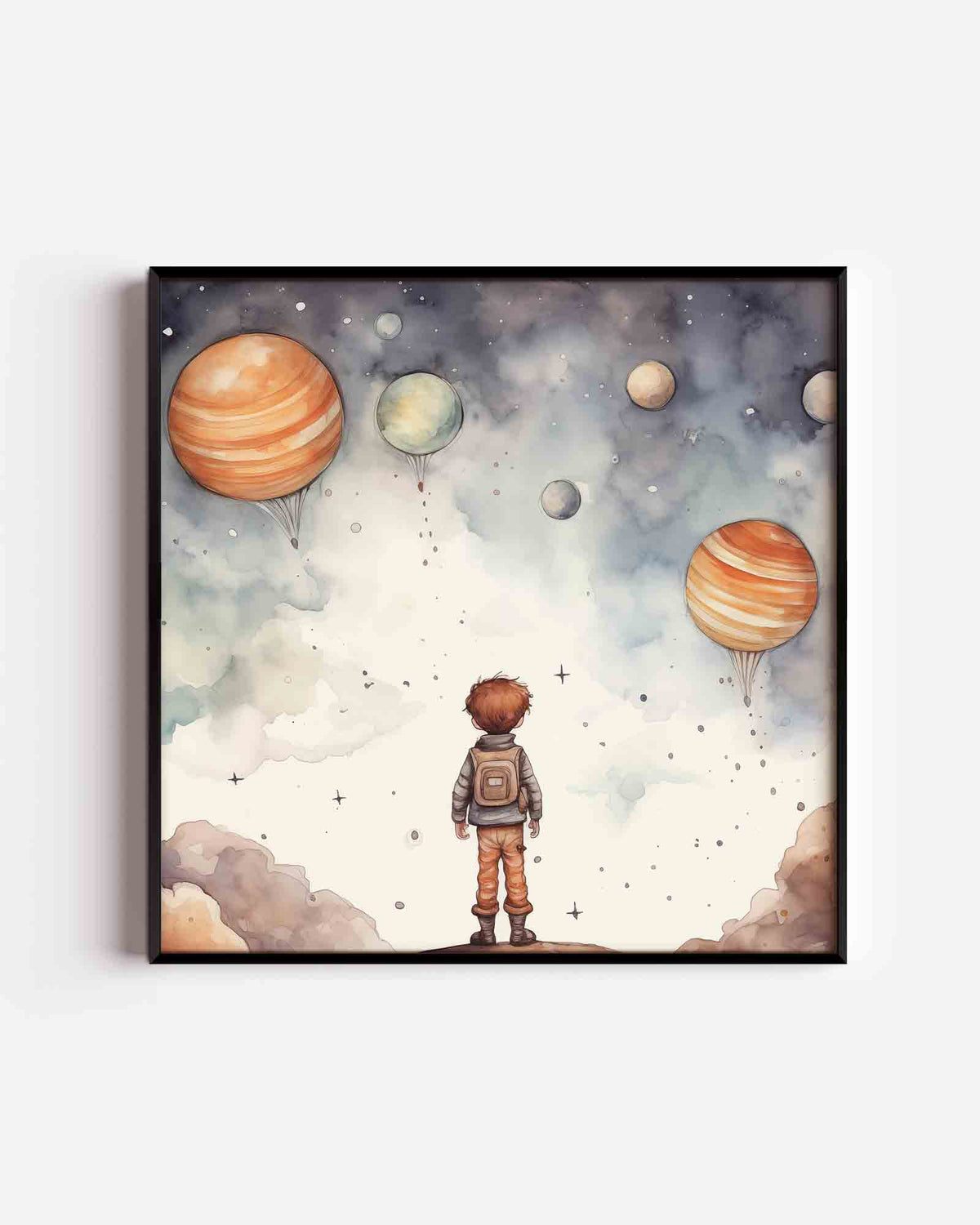 Jongen met planeten – vierkante kinderposter als wanddecoratie
