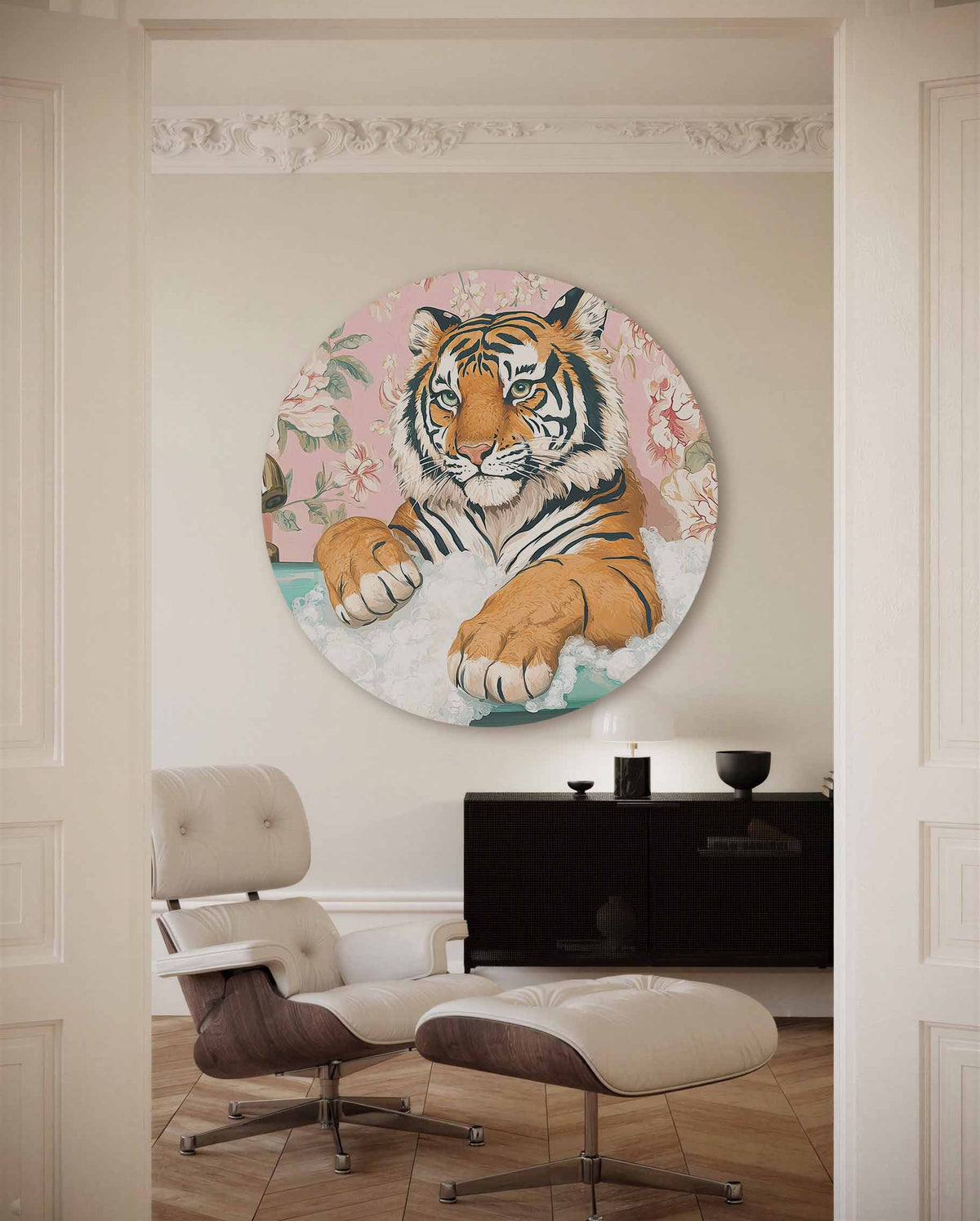Tijger in bad – illustratie muurcirkel als ronde muurdecoratie