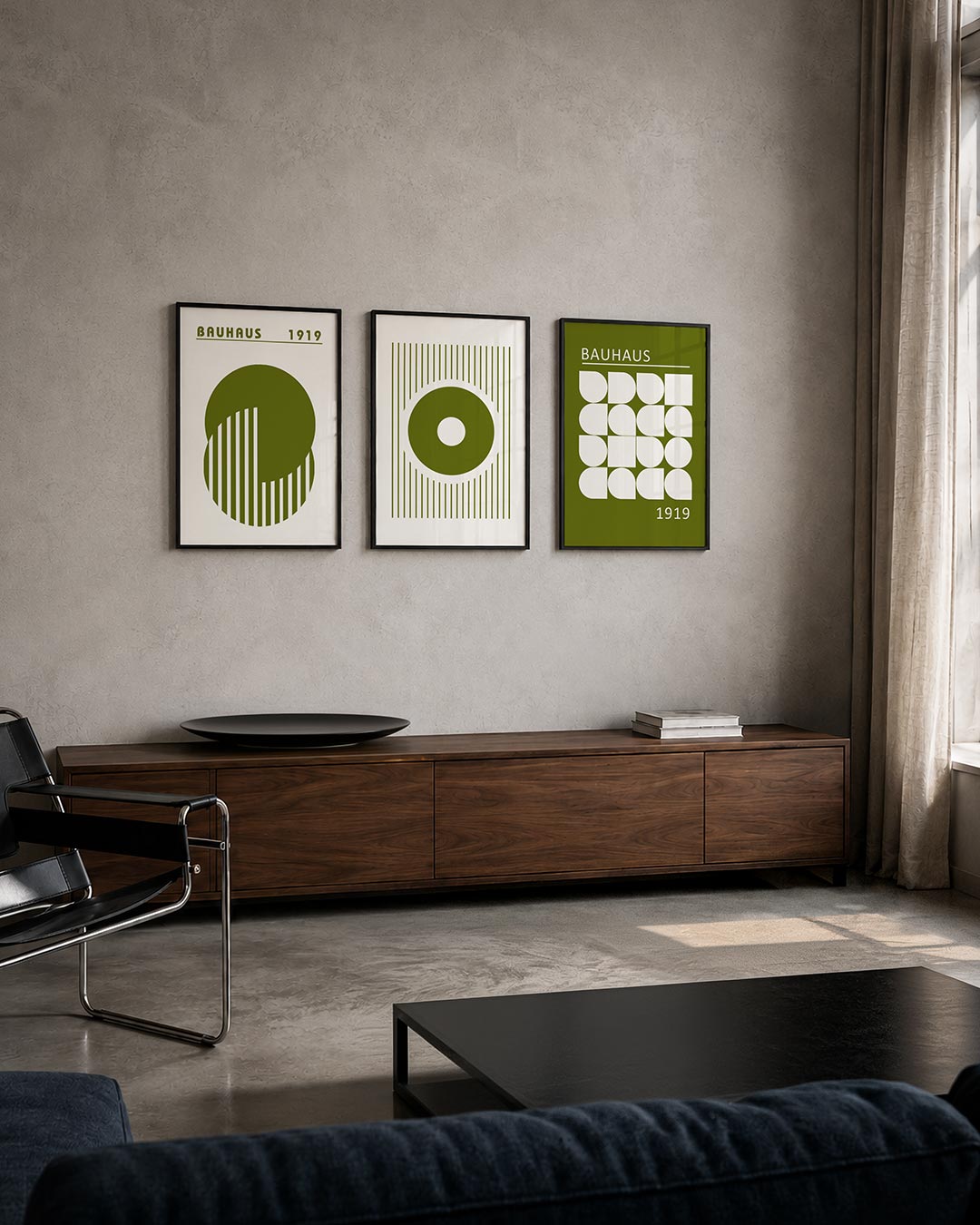 Cirkel en strepen posterset – tweede productweergave – deze posterset in drie delen toont een groot olijfgroen cirkelvormig