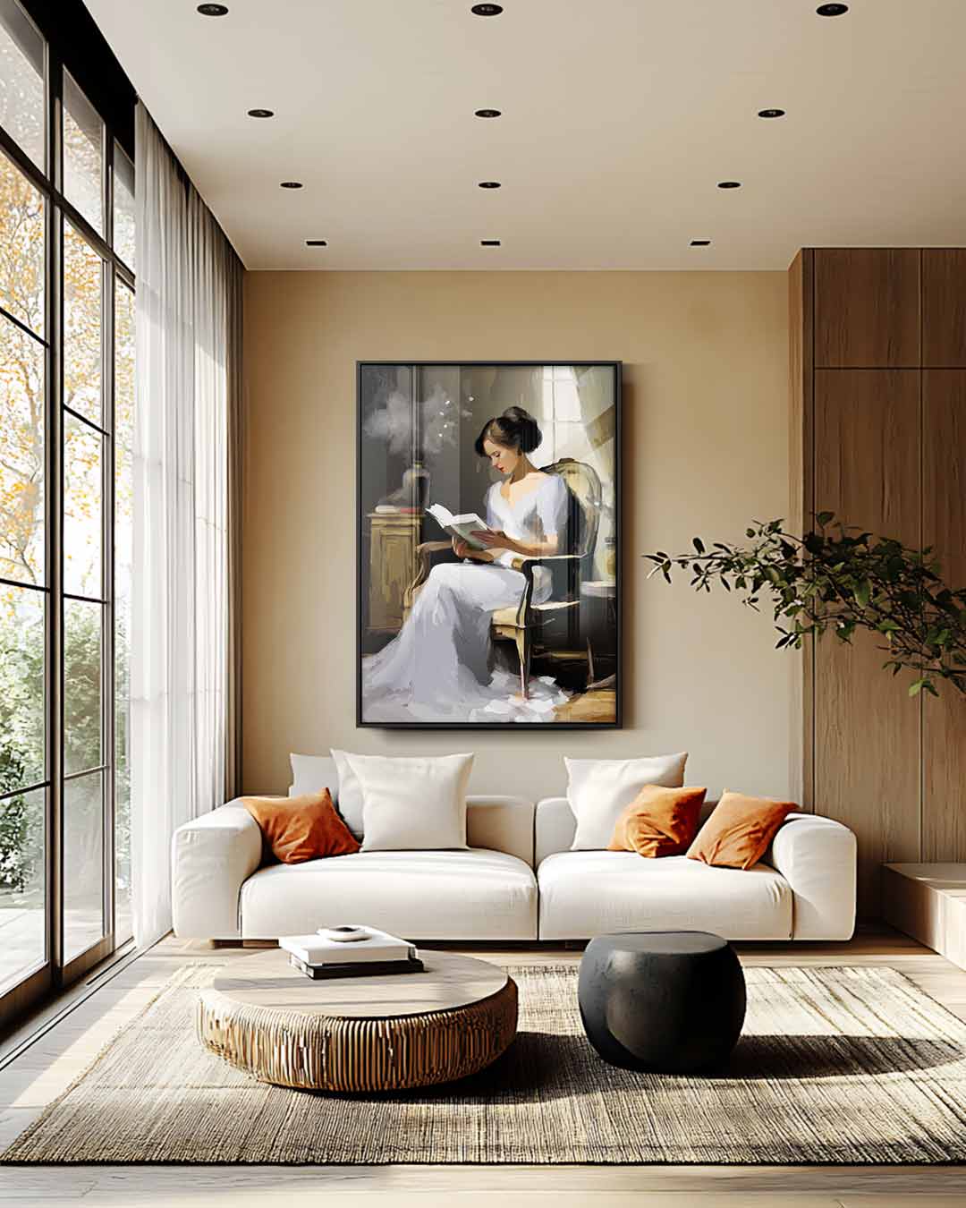 Vrouw Leest Boek aan het Raam – plexiglas wanddecoratie in portret formaat