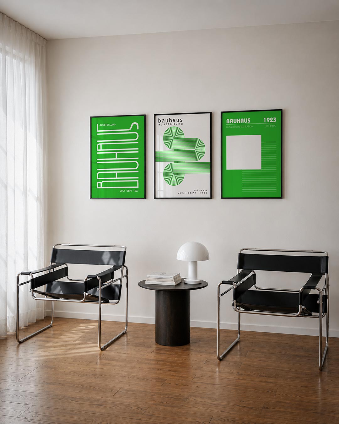 Lijnenspel en kleur posterset – tweede productweergave – heldere groene achtergrond met witte, gestileerde lijnen die een