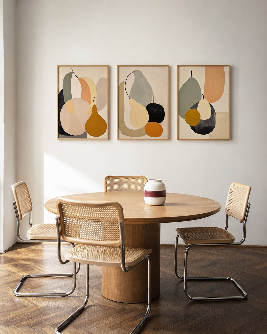 Vorm en kleurenspel – driedelige posterset in interieur