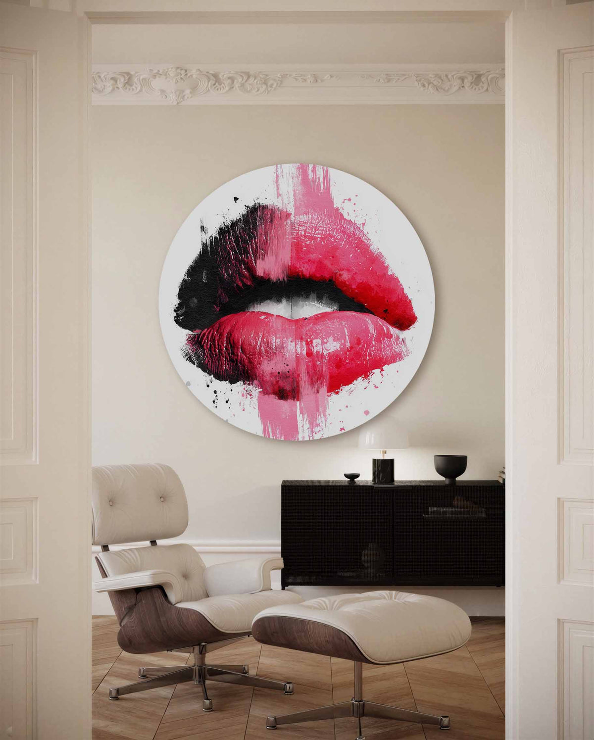 Rode lippen – kleurrijke Pop Art muurcirkel voor aan de muur
