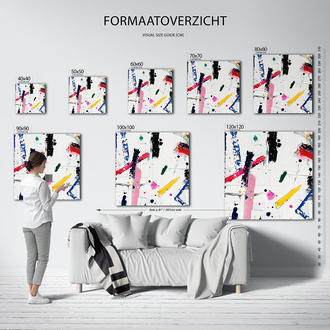 Dynamische kleurenexplosie kunstwerk – sfeerbeeld – dit werk toont een levendige mix van kleuren en lijnen. De dynamische