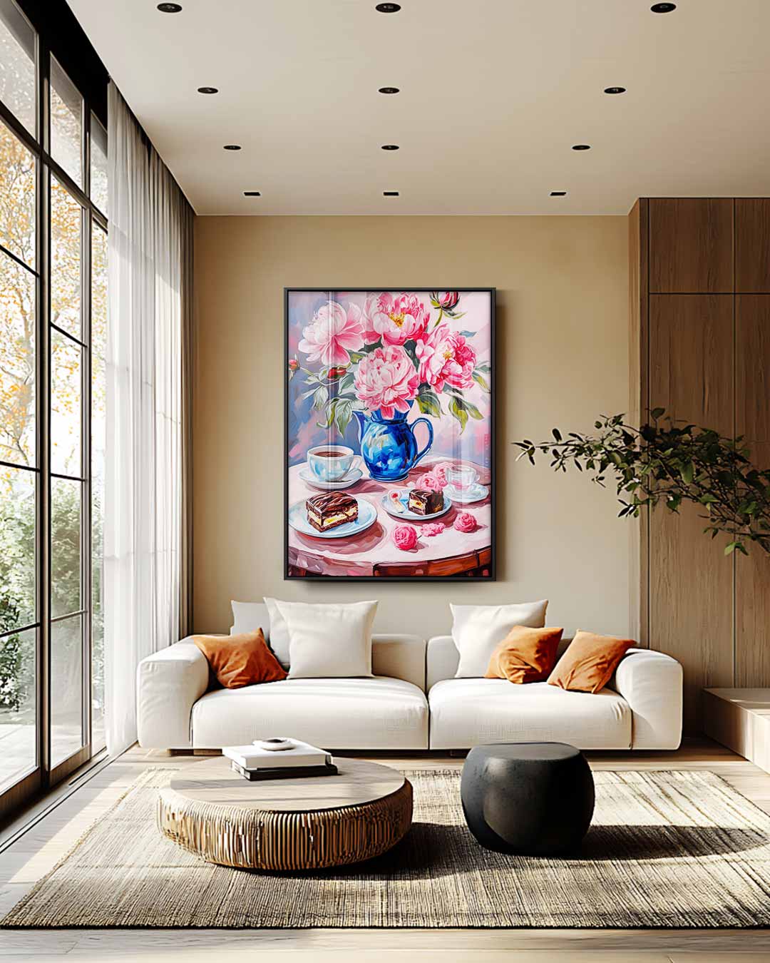 Bloemrijke koffie moment – plexiglas wanddecoratie in portret formaat
