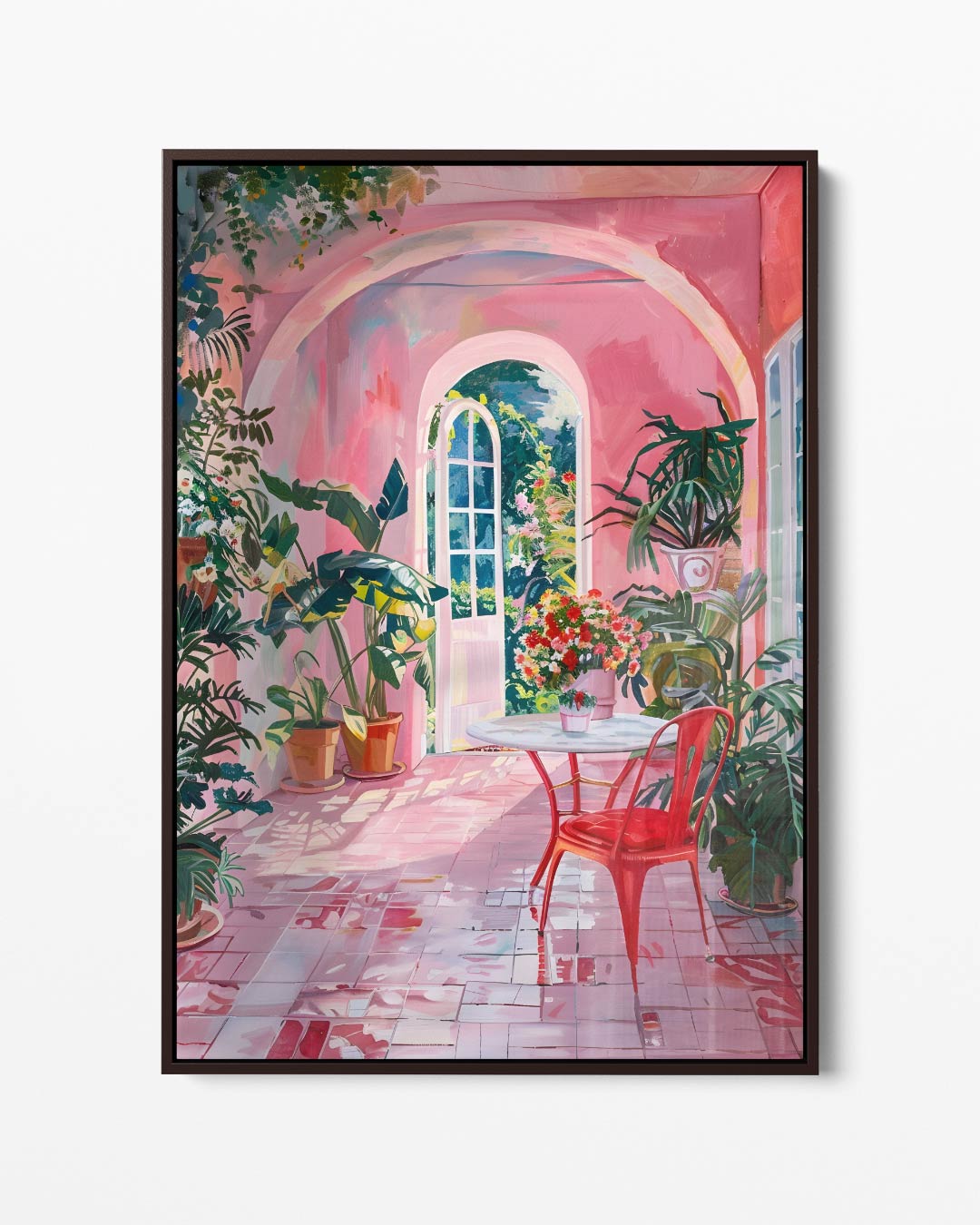 Roze Dromerige Tuinserre Schilderij – portret kunstwerk als wanddecoratie