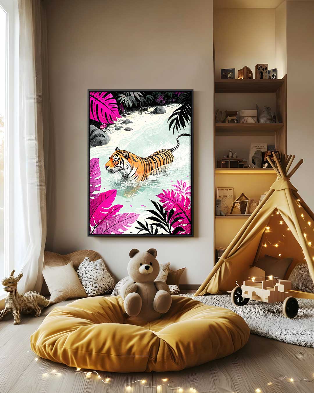 Tijger in Kleurrijke Jungle – canvas wanddecoratie in portret formaat