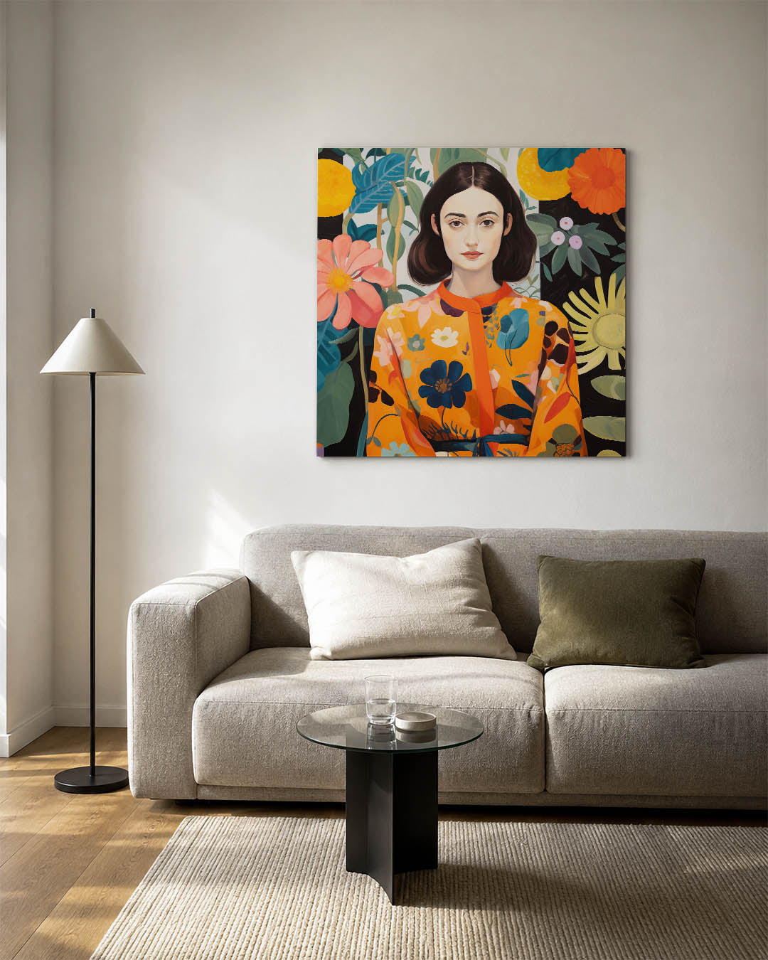 Vrouw met bloemen kunstwerk – vierkante wanddecoratie – dit werk toont een vrouw omringd door kleurrijke bloemen. De