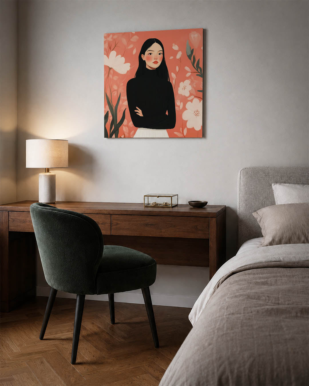 Vrouwelijk portret bloemen kunstwerk – materiaalweergave – dit kunstwerk toont een vrouw in een zwarte trui tegen een oranje