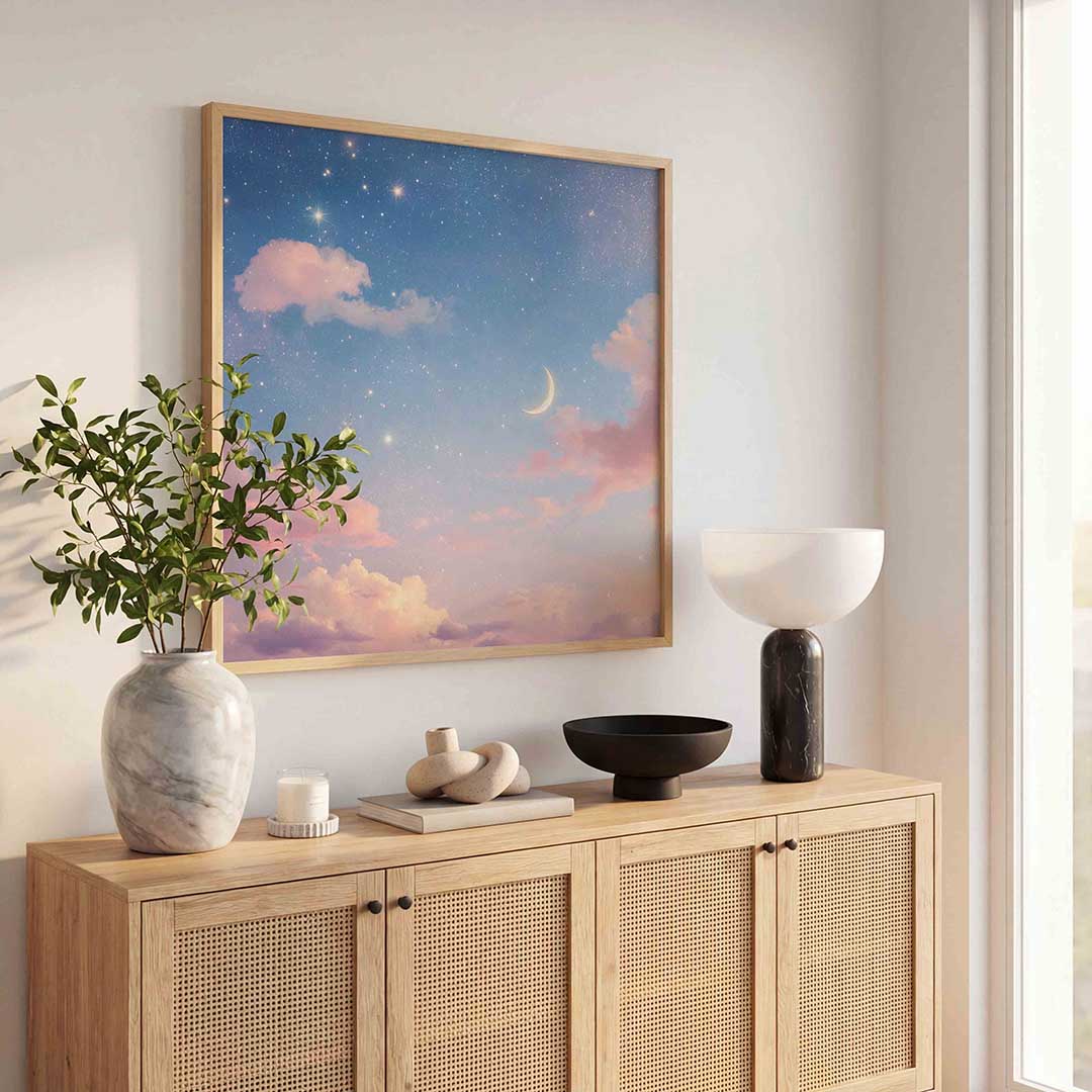 Maan en sterrenhemel – kleurrijke poster in vierkant formaat