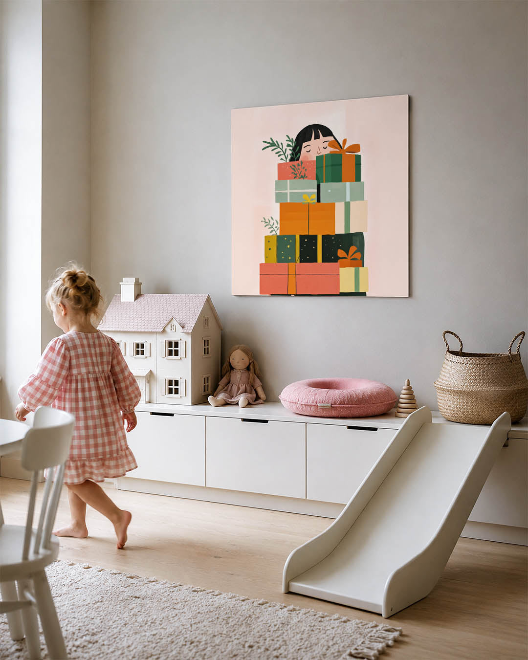 Vrolijke cadeau stapel kunstwerk – tweede productweergave – dit kunstwerk toont een stapel kleurrijke cadeaus met een persoon