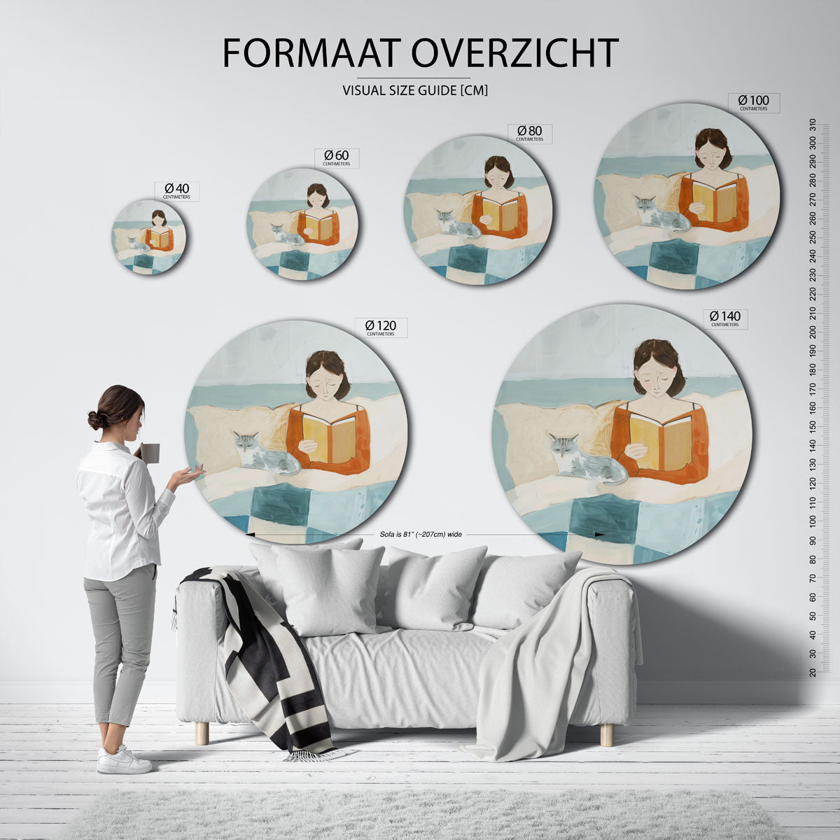 Lezende vrouw met kat – ronde muurdecoratie met kleur en vorm