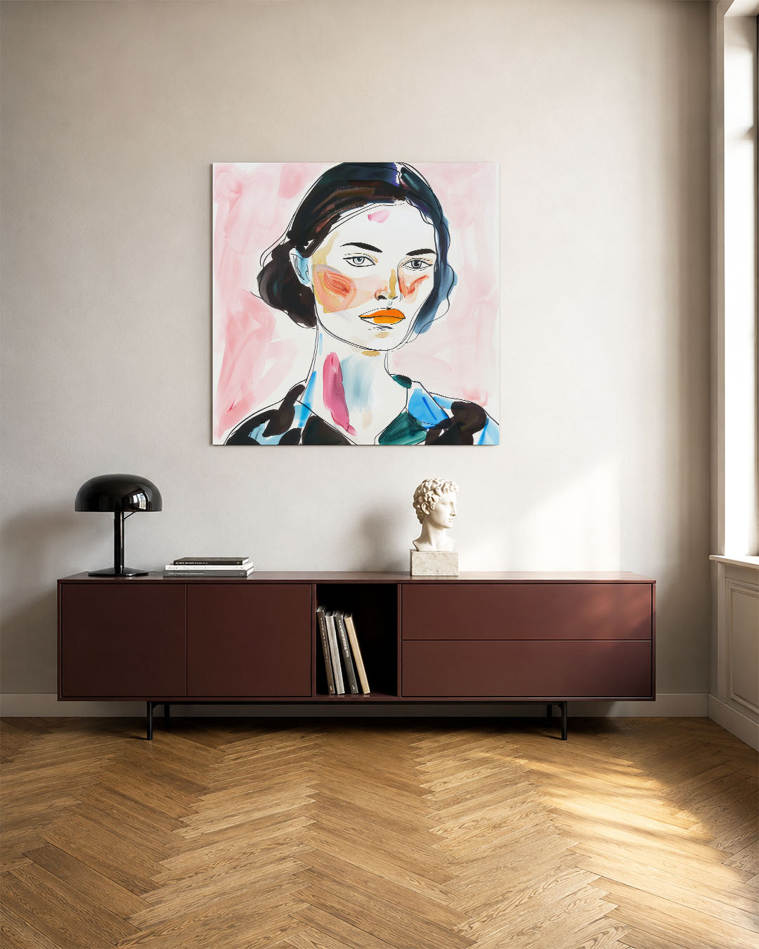 Portretstudie kunstwerk – tweede productweergave – dit werk toont een portret met vloeiende lijnen en levendige kleuren. De