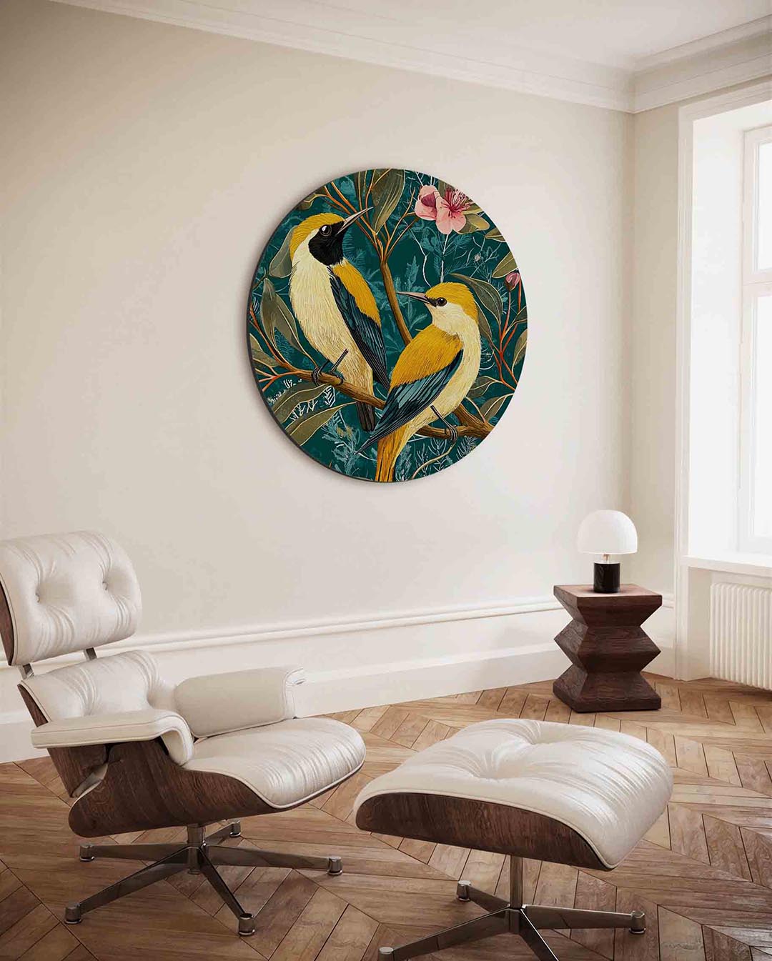 Vogels en bloemen – kleurrijke ronde wanddecoratie van WallArtistic