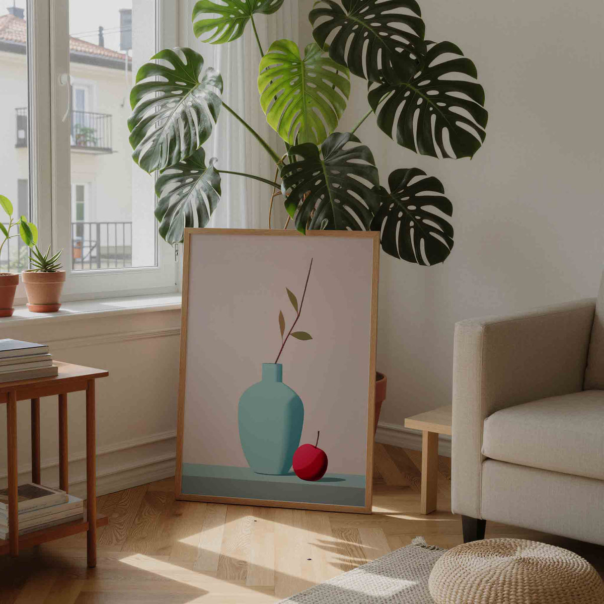 Vaas met tak en appel – moderne wandkunst als portret poster