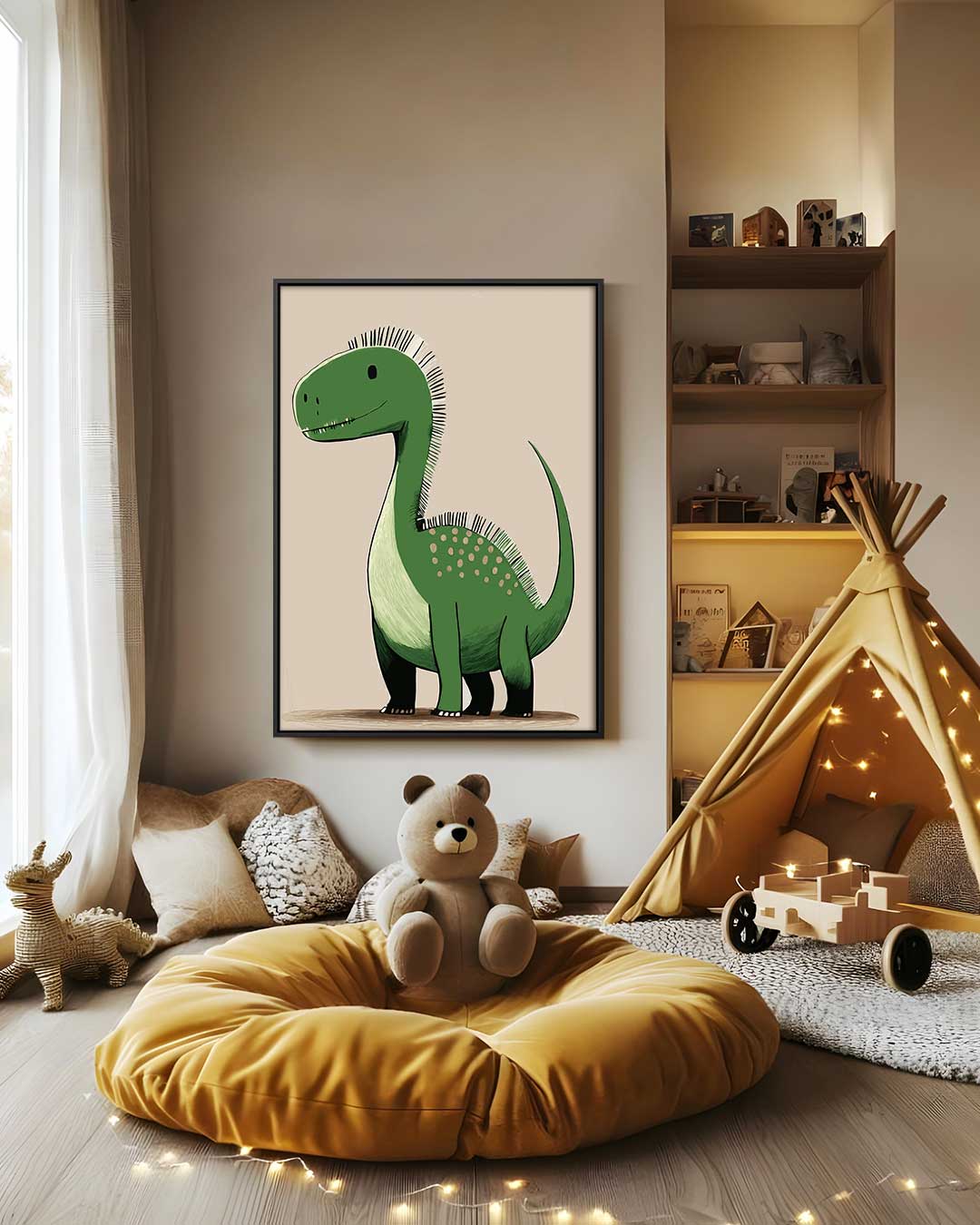 Vriendelijke Dino Illustratie – modern portret kunstwerk van WallArtistic