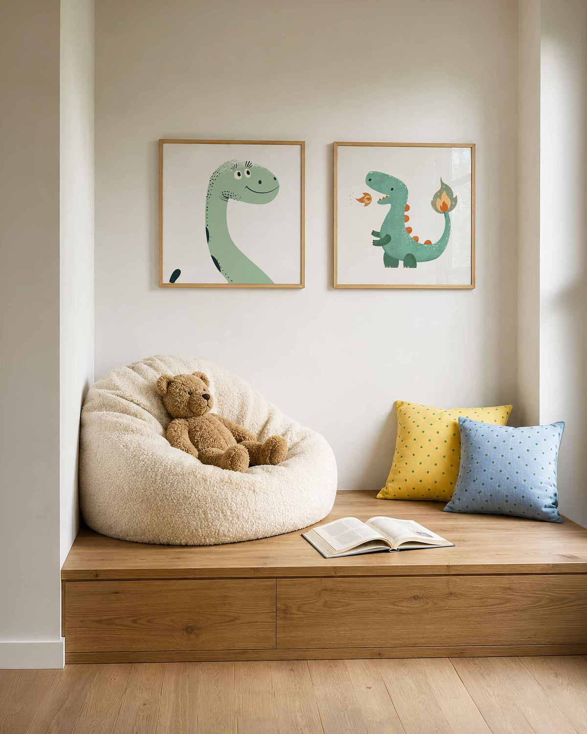 Interieurpresentatie van een tweedelige vierkante posterset met dinosaurussen